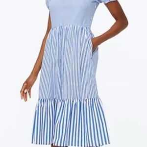 J. Crew Blue and White Tiered Ruffle Midi Sundress size 14 puff sleeve